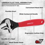 3-piece adjustable wrench set with 6, 8 and 10 inch wide jaw CR-V steel crescent wrenches, metric and SAE scales, red comfort handles