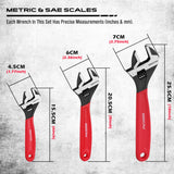 3-piece adjustable wrench set with 6, 8 and 10 inch wide jaw CR-V steel crescent wrenches, metric and SAE scales, red comfort handles