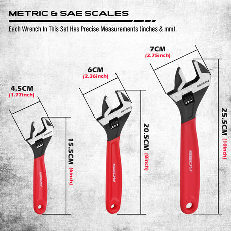 3-piece adjustable wrench set with 6, 8 and 10 inch wide jaw CR-V steel crescent wrenches, metric and SAE scales, red comfort handles
