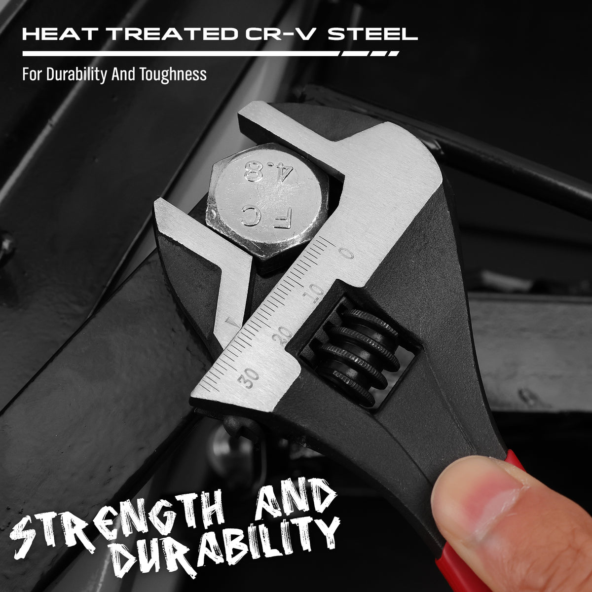 3-piece adjustable wrench set with 6, 8 and 10 inch wide jaw CR-V steel crescent wrenches, metric and SAE scales, red comfort handles