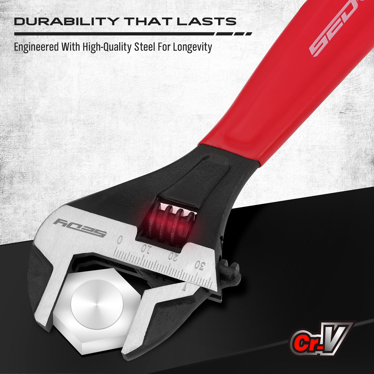 3-piece adjustable wrench set with 6, 8 and 10 inch wide jaw CR-V steel crescent wrenches, metric and SAE scales, red comfort handles