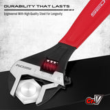 3-piece adjustable wrench set with 6, 8 and 10 inch wide jaw CR-V steel crescent wrenches, metric and SAE scales, red comfort handles