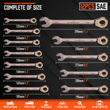 12-piece SAE ratcheting combination wrench set with 72-tooth 12-point box ends, CR-V steel construction and 1/4 to 7/8 inch sizes