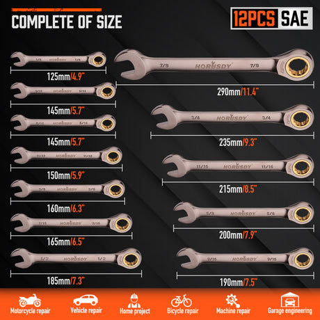 12-piece SAE ratcheting combination wrench set with 72-tooth 12-point box ends, CR-V steel construction and 1/4 to 7/8 inch sizes