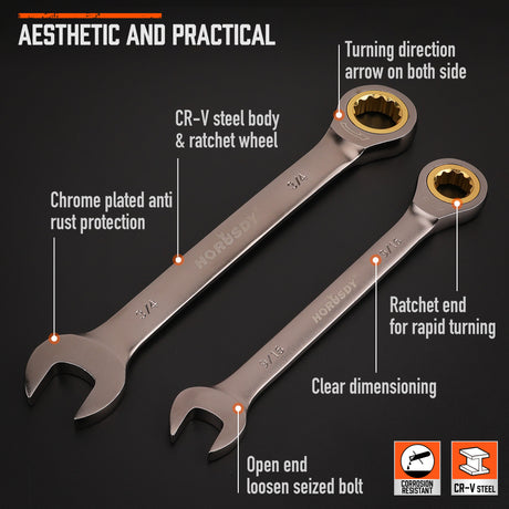 12-piece SAE ratcheting combination wrench set with 72-tooth 12-point box ends, CR-V steel construction and 1/4 to 7/8 inch sizes