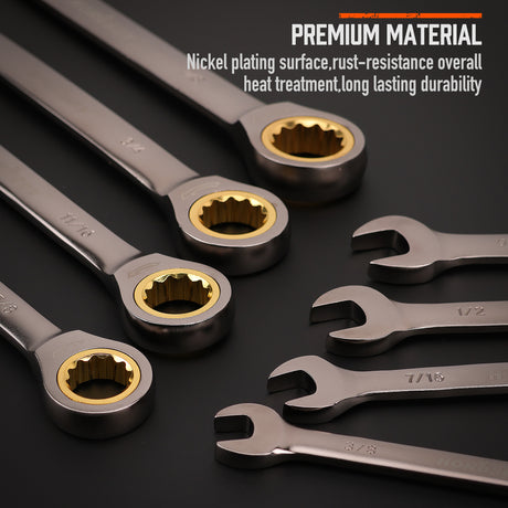 12-piece SAE ratcheting combination wrench set with 72-tooth 12-point box ends, CR-V steel construction and 1/4 to 7/8 inch sizes