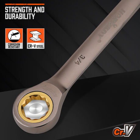 12-piece SAE ratcheting combination wrench set with 72-tooth 12-point box ends, CR-V steel construction and 1/4 to 7/8 inch sizes