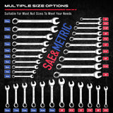 32-piece combination wrench set SAE and metric CR-V steel 12-point box end wrench set with stubby and standard sizes organizer rack