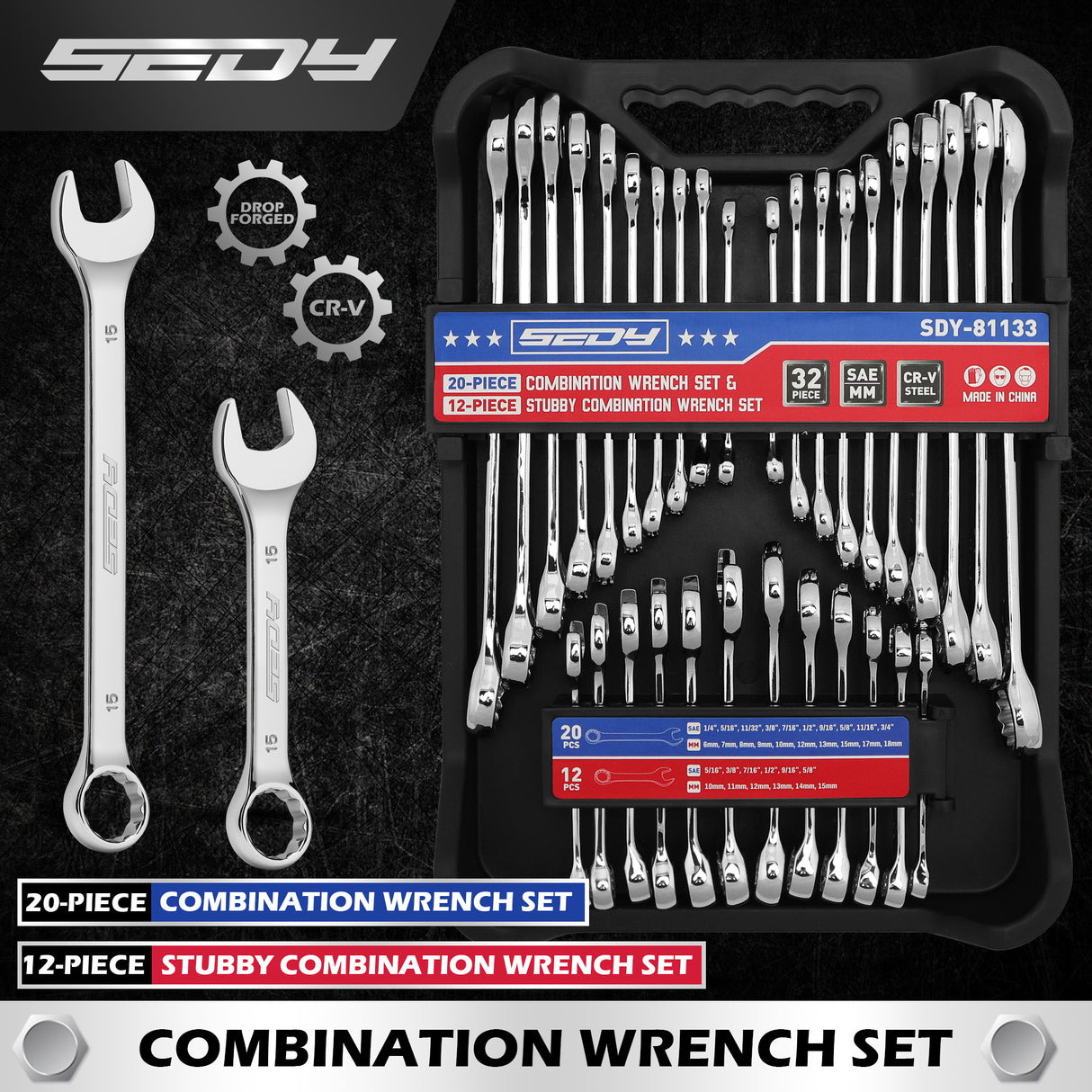 32-piece combination wrench set SAE and metric CR-V steel 12-point box end wrench set with stubby and standard sizes organizer rack