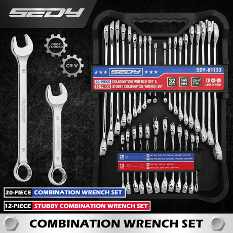 32-piece combination wrench set SAE and metric CR-V steel 12-point box end wrench set with stubby and standard sizes organizer rack