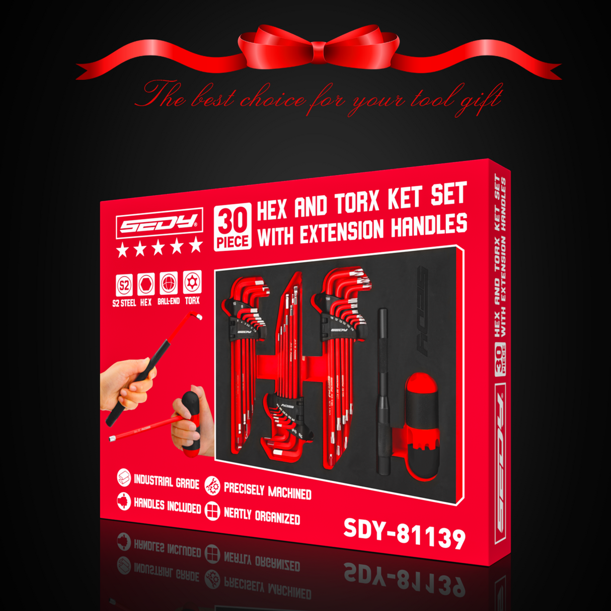 SEDY 30-piece long ball-end hex and Torx key set with T-handle and extension bar for mechanical, bicycle, automotive and workshop use