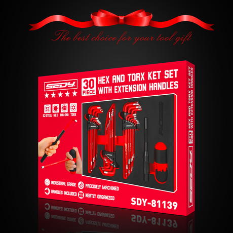 SEDY 30-piece long ball-end hex and Torx key set with T-handle and extension bar for mechanical, bicycle, automotive and workshop use