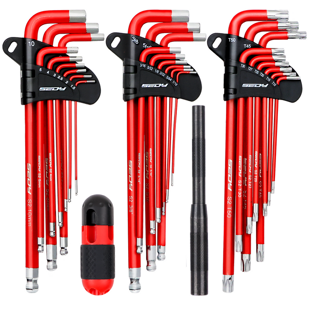 SEDY 30-piece long ball-end hex and Torx key set with T-handle and extension bar for mechanical, bicycle, automotive and workshop use
