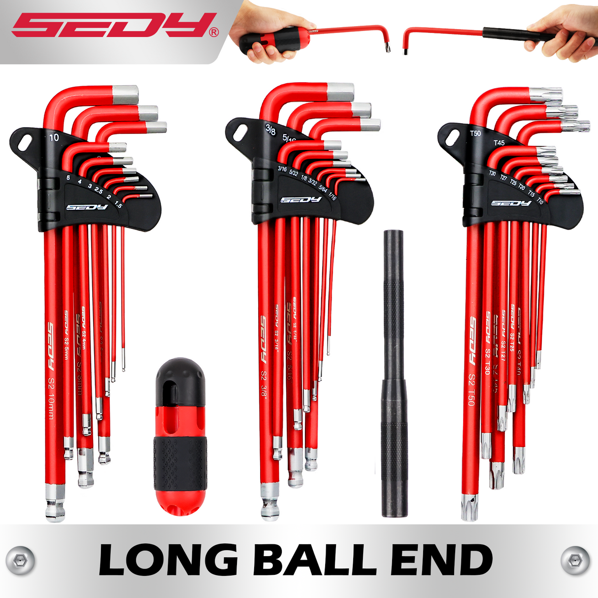 SEDY 30-piece long ball-end hex and Torx key set with T-handle and extension bar for mechanical, bicycle, automotive and workshop use