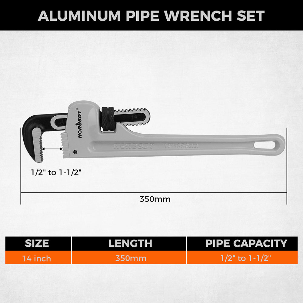 14 inch aluminum straight pipe wrench with 30 degree V-shaped alloy steel teeth, lightweight heavy duty plumbing wrench