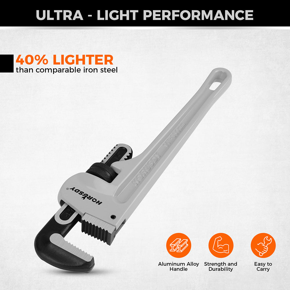 14 inch aluminum straight pipe wrench with 30 degree V-shaped alloy steel teeth, lightweight heavy duty plumbing wrench