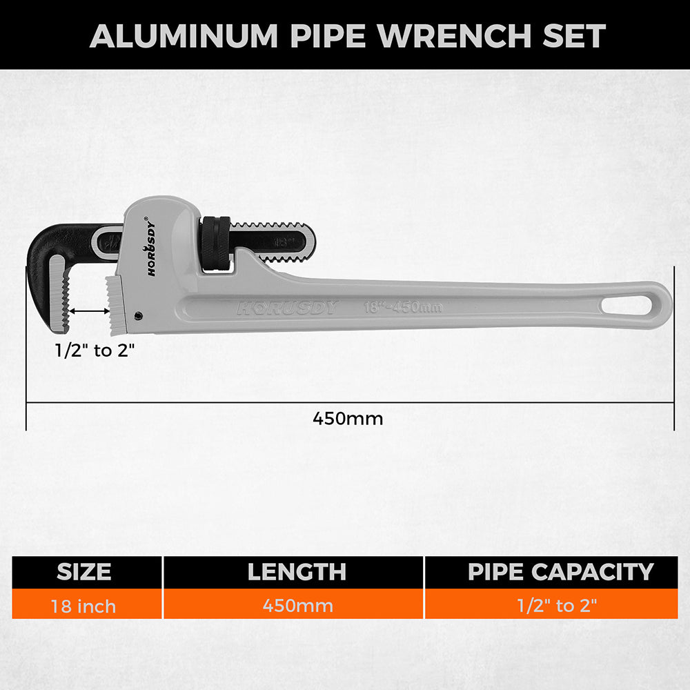 18 inch aluminum straight pipe wrench with 30 degree V-shaped alloy steel teeth, heavy duty lightweight pipe wrench for plumbing