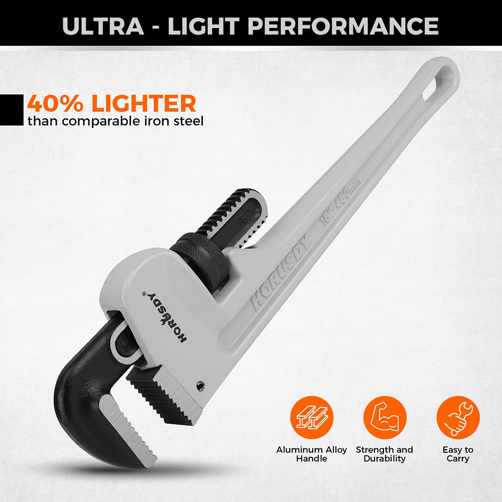 18 inch aluminum straight pipe wrench with 30 degree V-shaped alloy steel teeth, heavy duty lightweight pipe wrench for plumbing