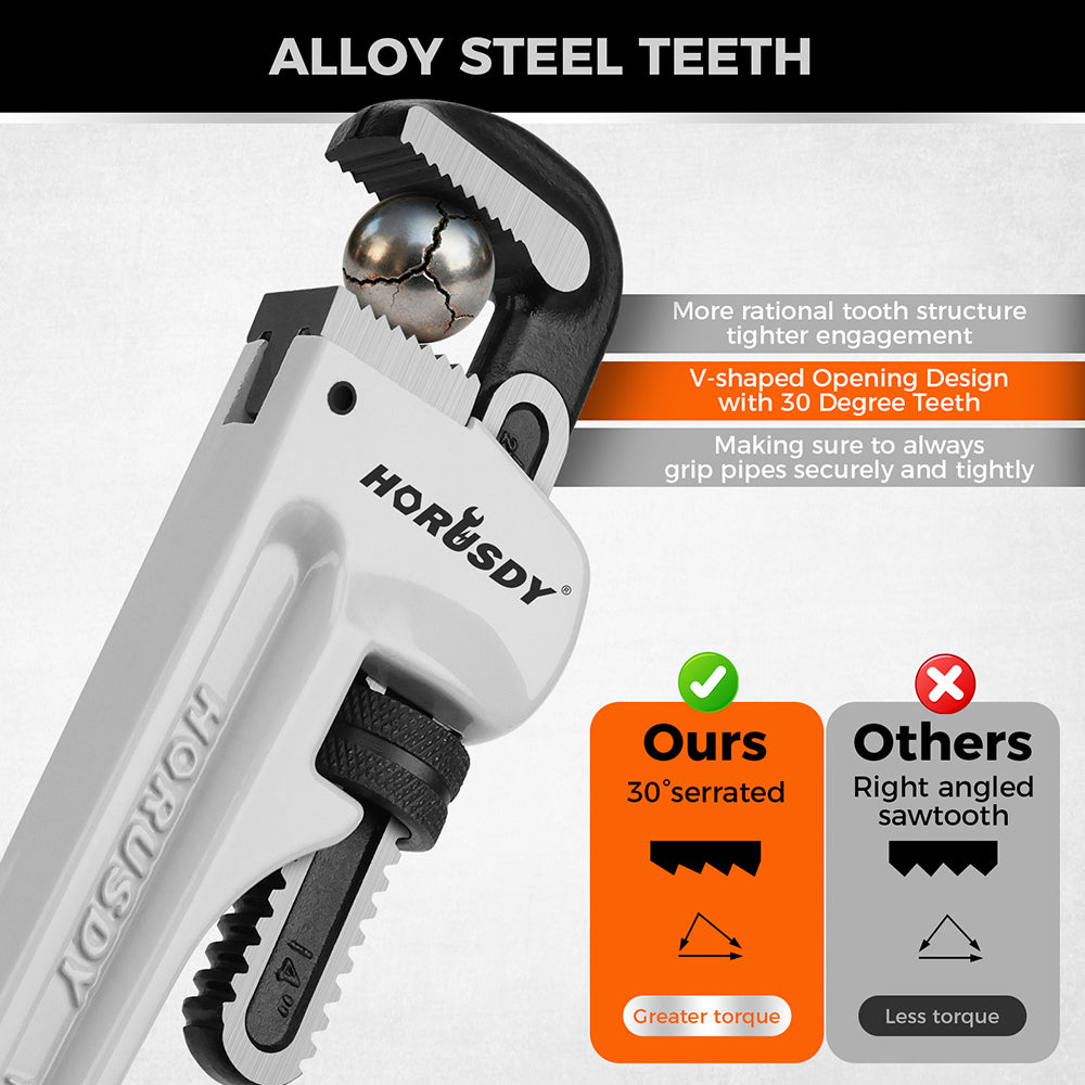18 inch aluminum straight pipe wrench with 30 degree V-shaped alloy steel teeth, heavy duty lightweight pipe wrench for plumbing