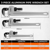 3-piece aluminum straight pipe wrench set including 10, 14 and 18 inch wrenches with V-shaped steel teeth for plumbing and repair