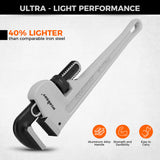 3-piece aluminum straight pipe wrench set including 10, 14 and 18 inch wrenches with V-shaped steel teeth for plumbing and repair