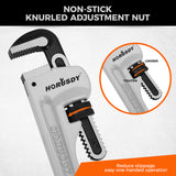 3-piece aluminum straight pipe wrench set including 10, 14 and 18 inch wrenches with V-shaped steel teeth for plumbing and repair