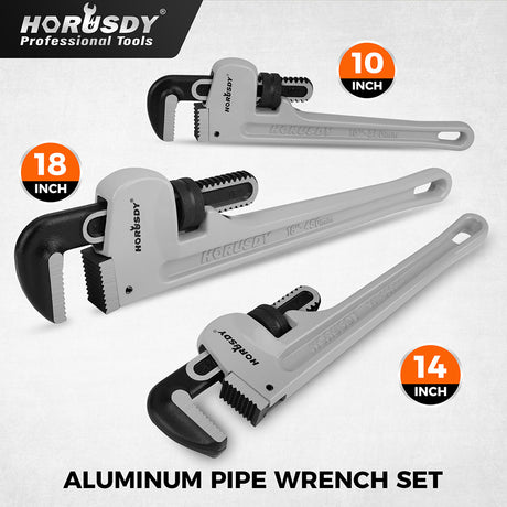 3-piece aluminum straight pipe wrench set including 10, 14 and 18 inch wrenches with V-shaped steel teeth for plumbing and repair