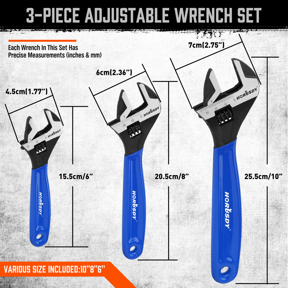 3-piece adjustable wrench set with 6 inch, 8 inch and 10 inch CR-V steel wrenches, measurement scales and blue cushion grips