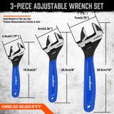 3-piece adjustable wrench set with 6 inch, 8 inch and 10 inch CR-V steel wrenches, measurement scales and blue cushion grips