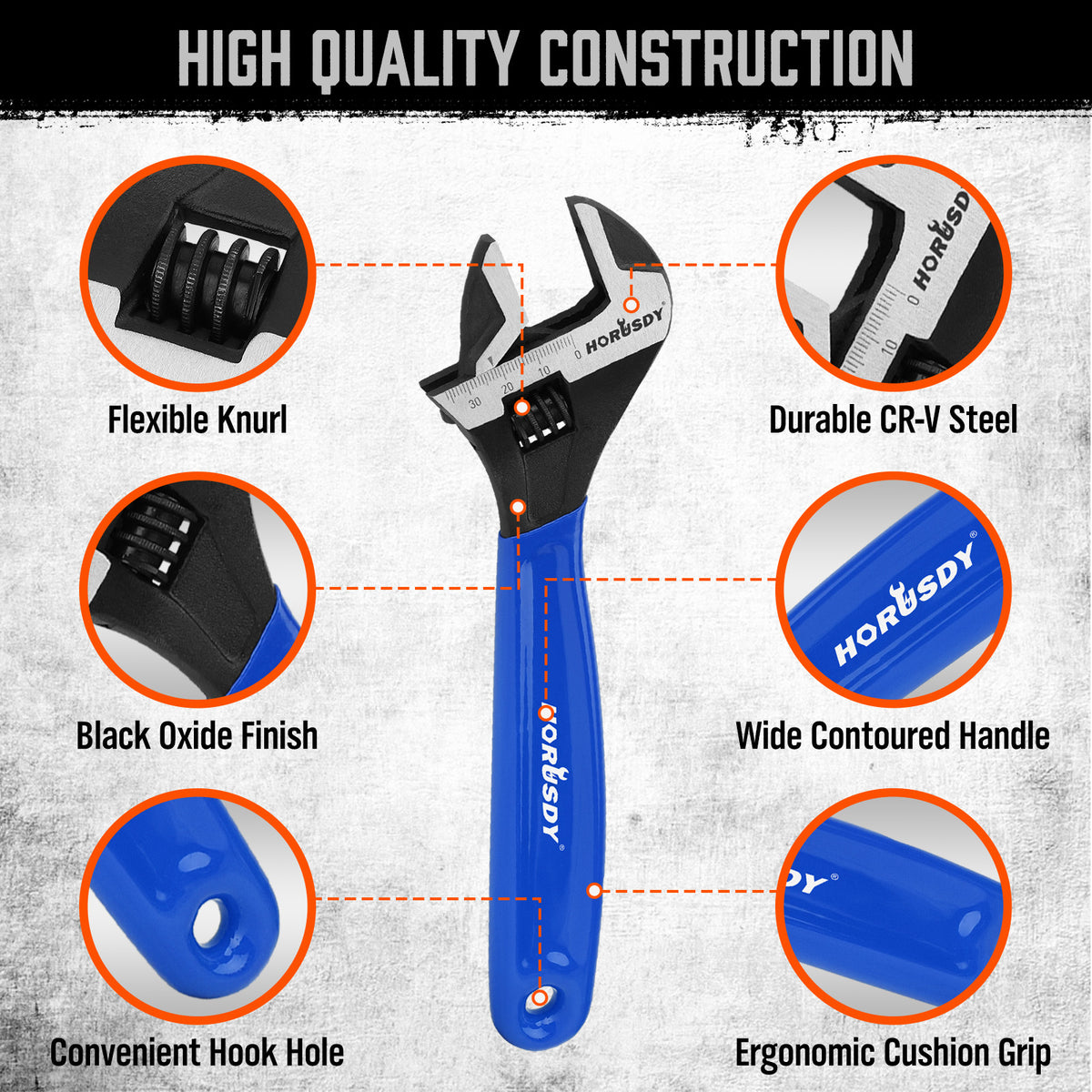 3-piece adjustable wrench set with 6 inch, 8 inch and 10 inch CR-V steel wrenches, measurement scales and blue cushion grips