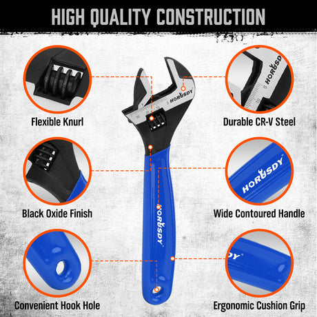 3-piece adjustable wrench set with 6 inch, 8 inch and 10 inch CR-V steel wrenches, measurement scales and blue cushion grips