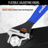 3-piece adjustable wrench set with 6 inch, 8 inch and 10 inch CR-V steel wrenches, measurement scales and blue cushion grips