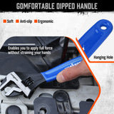 3-piece adjustable wrench set with 6 inch, 8 inch and 10 inch CR-V steel wrenches, measurement scales and blue cushion grips