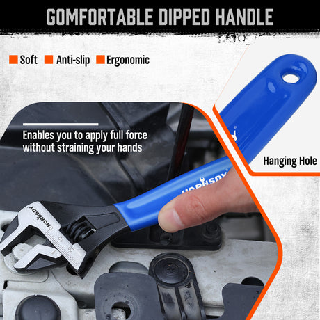 3-piece adjustable wrench set with 6 inch, 8 inch and 10 inch CR-V steel wrenches, measurement scales and blue cushion grips