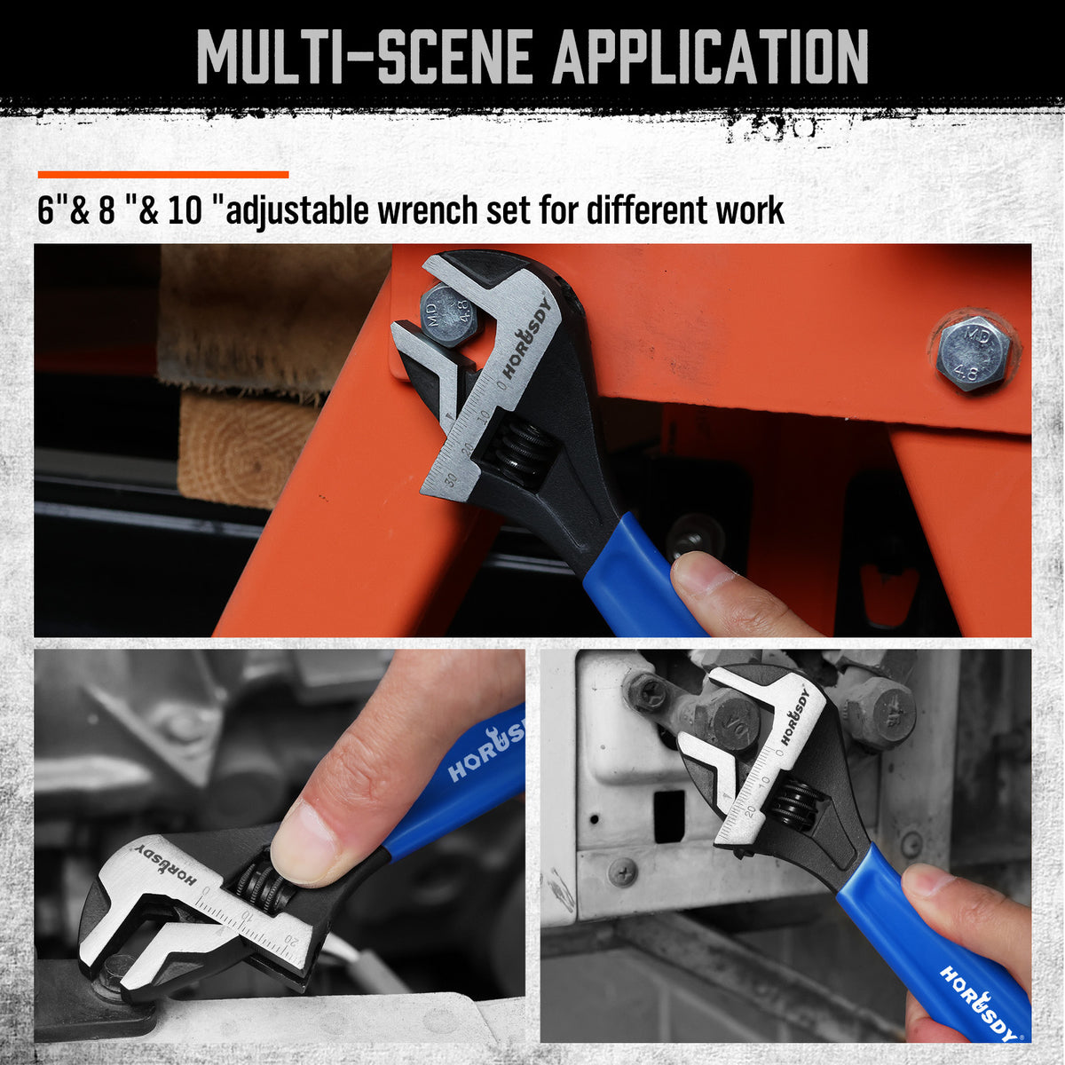 3-piece adjustable wrench set with 6 inch, 8 inch and 10 inch CR-V steel wrenches, measurement scales and blue cushion grips