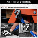 3-piece adjustable wrench set with 6 inch, 8 inch and 10 inch CR-V steel wrenches, measurement scales and blue cushion grips