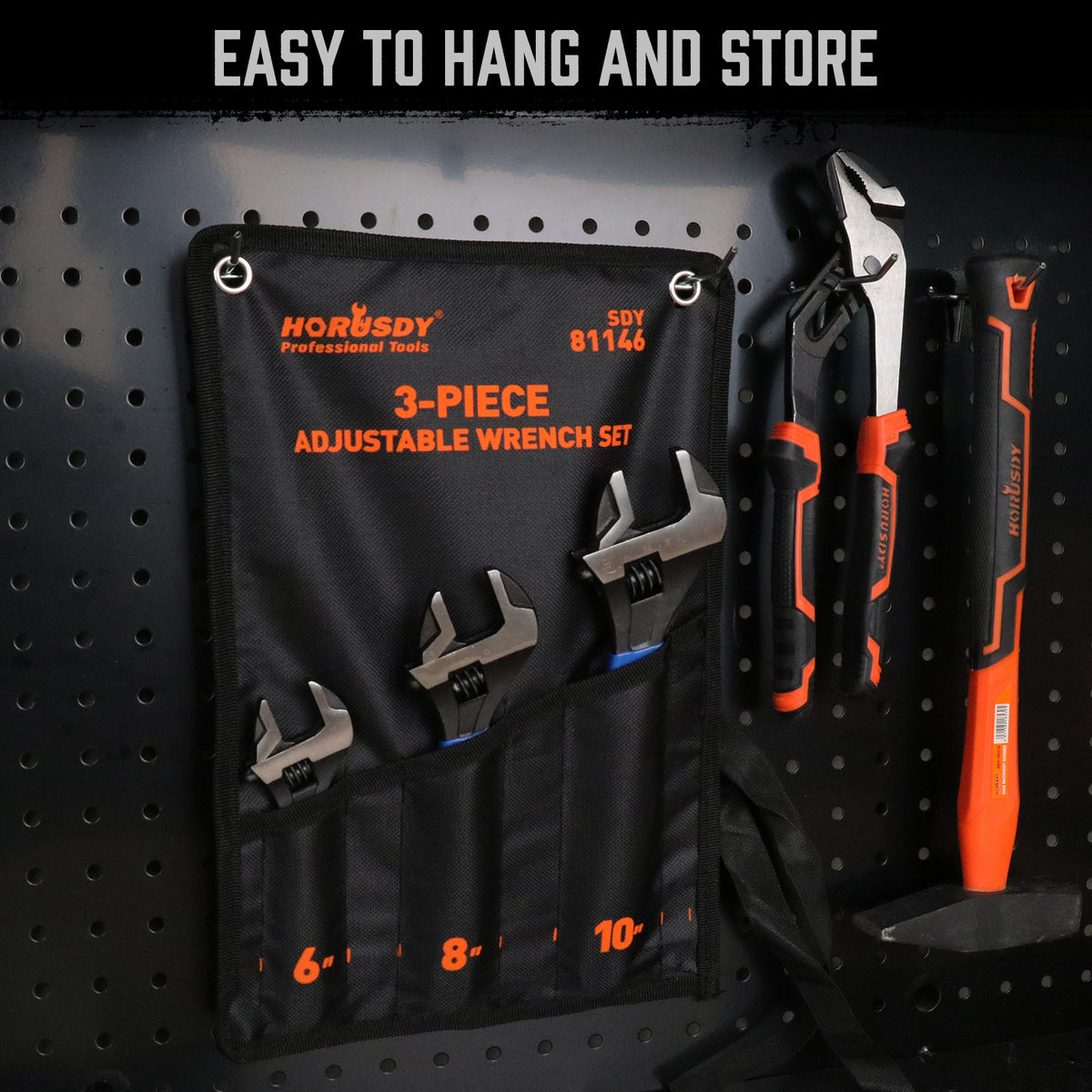 3-piece adjustable wrench set with 6 inch, 8 inch and 10 inch CR-V steel wrenches, measurement scales and blue cushion grips