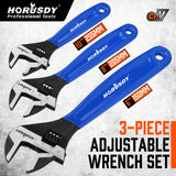 3-piece adjustable wrench set with 6 inch, 8 inch and 10 inch CR-V steel wrenches, measurement scales and blue cushion grips