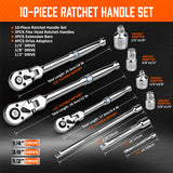 10-piece 90-tooth flex-head ratchet handle set with adapters and extension bars for automotive and mechanical work