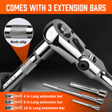 10-piece 90-tooth flex-head ratchet handle set with adapters and extension bars for automotive and mechanical work