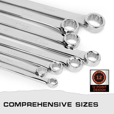 HORUSDY extra-long box end wrench set 9-24mm, 10pcs double ring spanner kit for automotive, bike, and mechanical repair