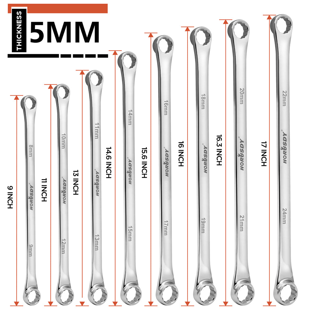 HORUSDY extra-long box end wrench set 9-24mm, 10pcs double ring spanner kit for automotive, bike, and mechanical repair