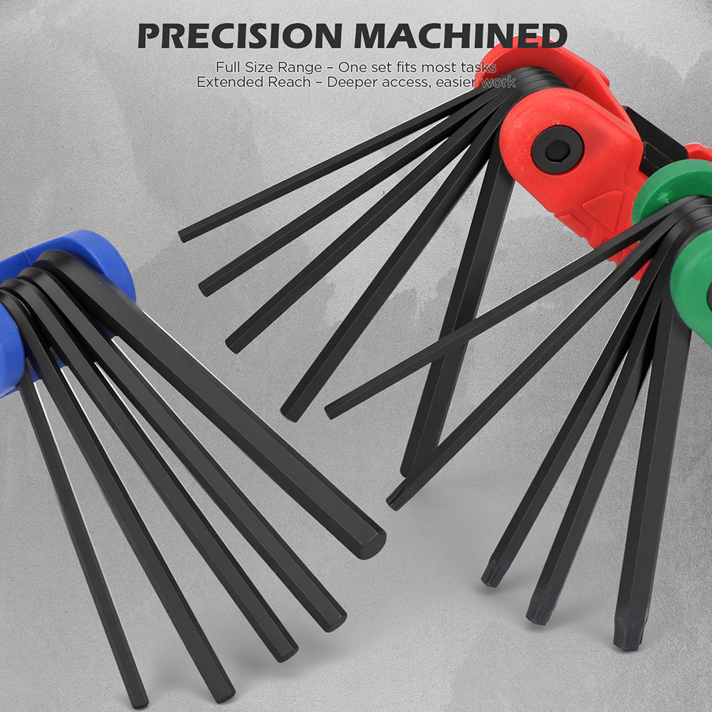 SEDY 34-piece folding hex and torx key set with metric, SAE, and star wrenches made of S2 steel, featuring ergonomic handles and corrosion resistance.