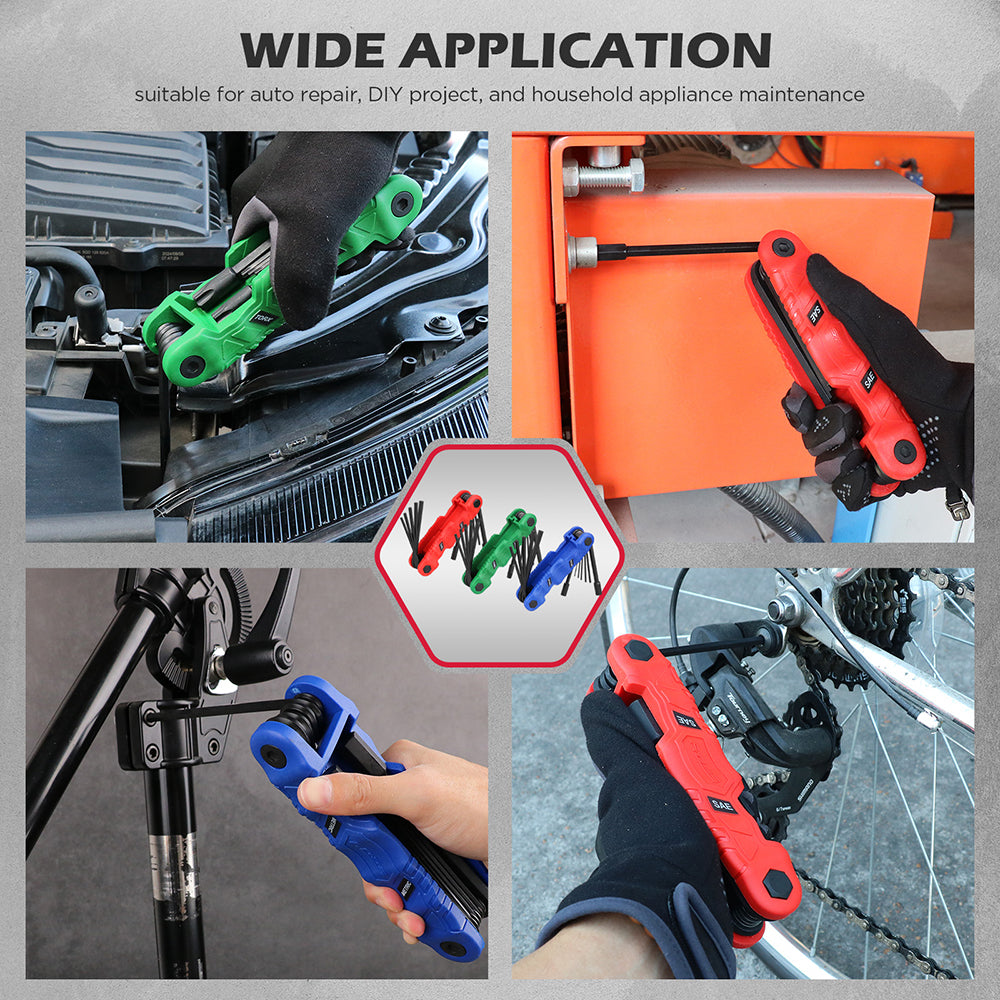 SEDY 11PCS Folding SAE Hex Key Set with S2 Steel Construction, Ergonomic Handle and Compact Folding Design for Auto, Bike and Home Repair