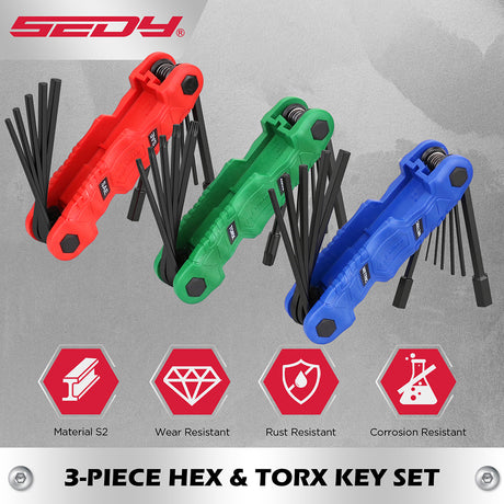 SEDY 34-piece folding hex and torx key set with metric, SAE, and star wrenches made of S2 steel, featuring ergonomic handles and corrosion resistance.