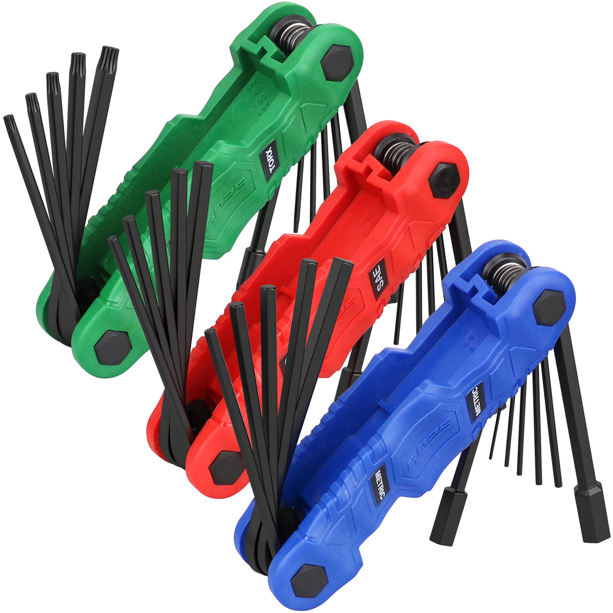 SEDY 34-piece folding hex and torx key set with metric, SAE, and star wrenches made of S2 steel, featuring ergonomic handles and corrosion resistance.