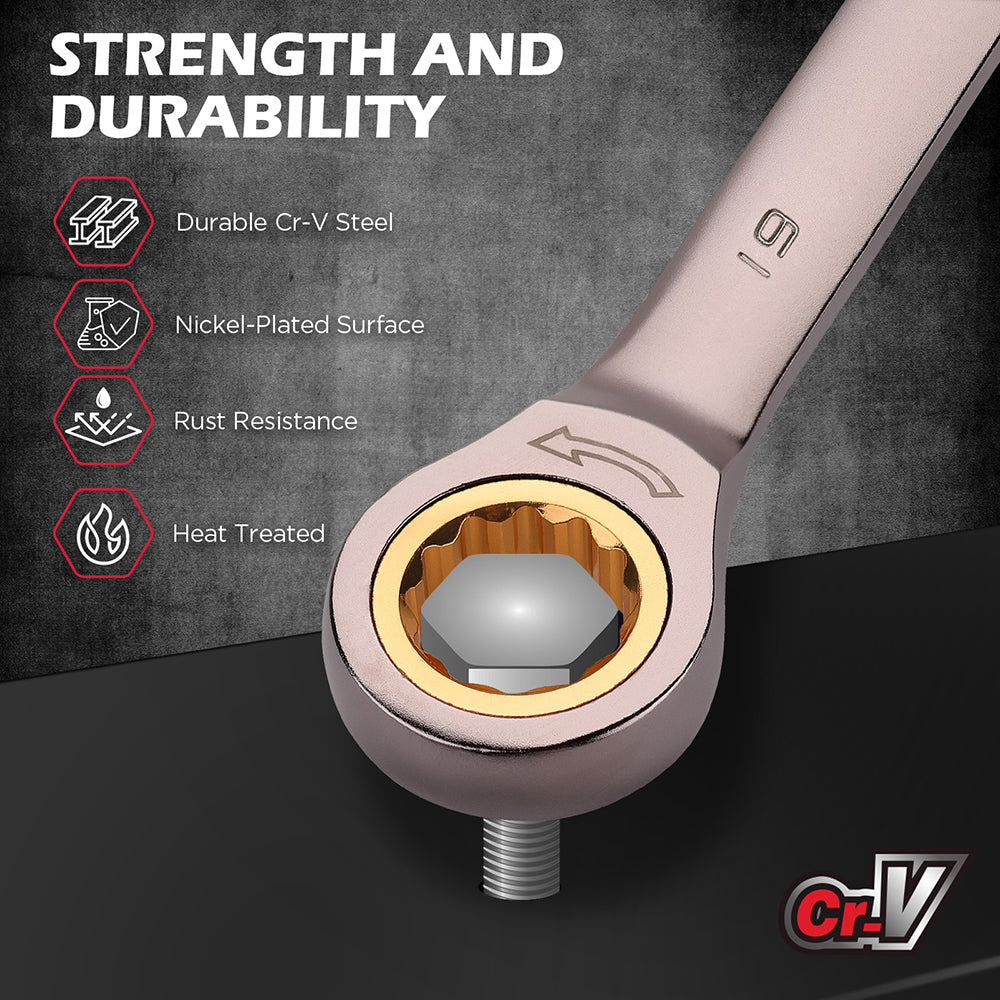 12-piece metric ratcheting wrench set with CR-V steel, 72-tooth design and magnetic storage rack