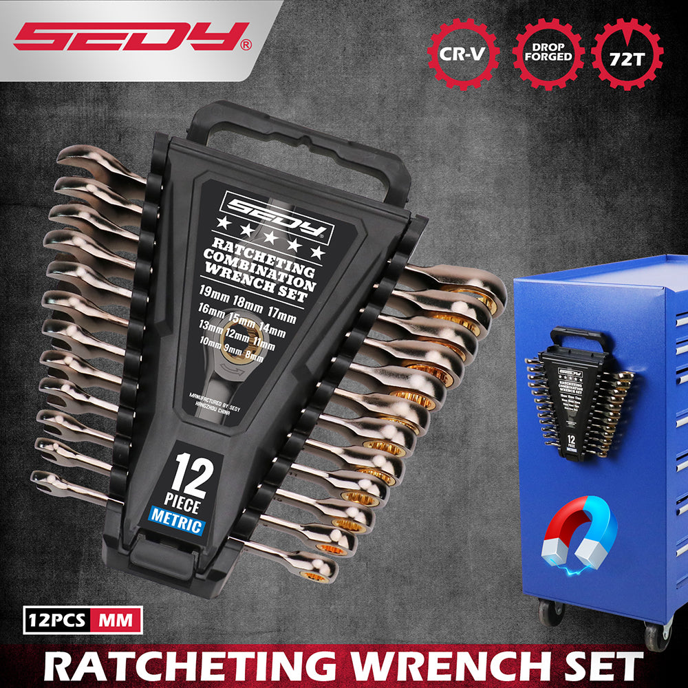 12-piece metric ratcheting wrench set with CR-V steel, 72-tooth design and magnetic storage rack