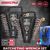 SEDY 24-piece metric and SAE ratcheting combination wrench set with CR-V steel and magnetic storage racks