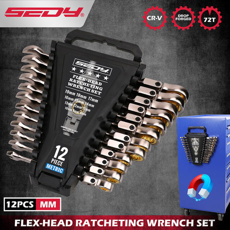 SEDY 12-piece SAE ratcheting wrench set with CR-V steel, 72-tooth mechanism and magnetic storage rack